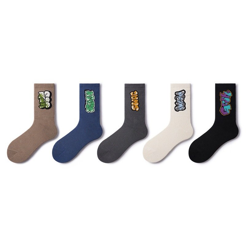 AliExpress 5/10 Pairs Men's Multicolour Crew Socks, Graffiti Lettering, Street Style, Unique, Comfortable, Breathable, Moisture-Wicking, view 5