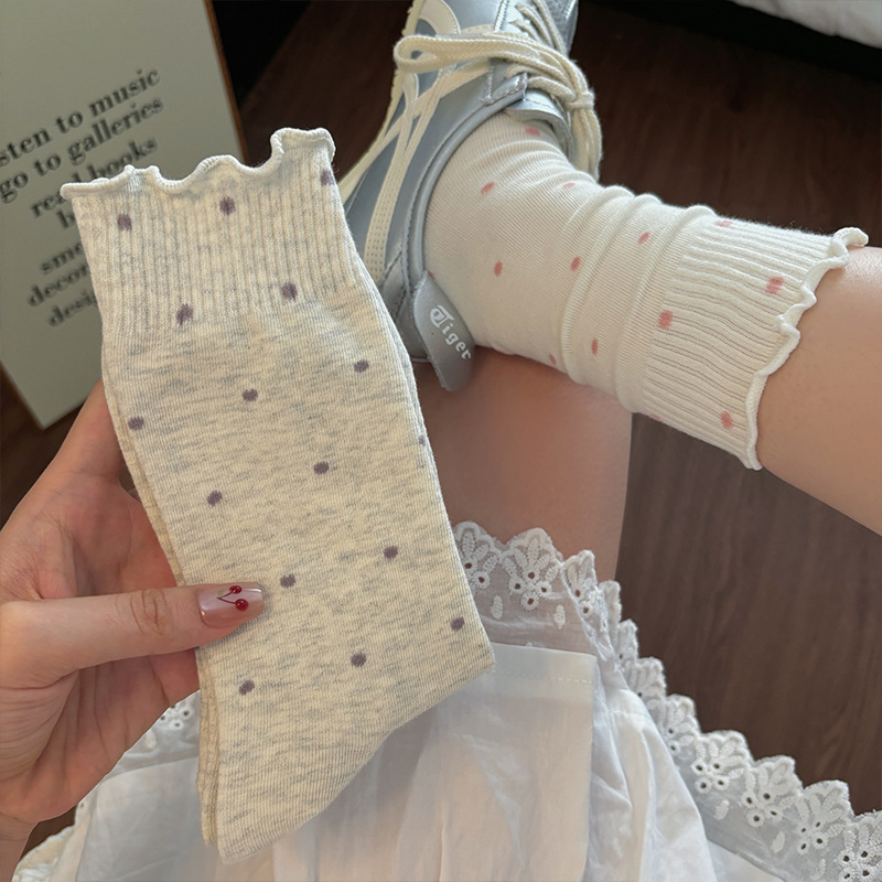 AliExpress 5/10 Pairs Women Wave Edged Polka Dot Mid Tube Socks Spring Summer Thin Sweat Absorbing Breathable Ballet Style Casual Socks, view 3
