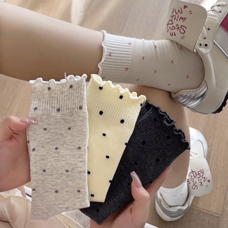 AliExpress 5/10 Pairs Women Wave Edged Polka Dot Mid Tube Socks Spring Summer Thin Sweat Absorbing Breathable Ballet Style Casual Socks, view 4