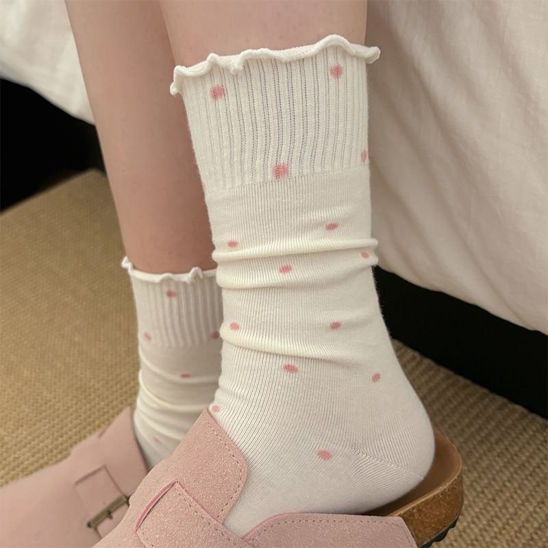 AliExpress 5/10 Pairs Women Wave Edged Polka Dot Mid Tube Socks Spring Summer Thin Sweat Absorbing Breathable Ballet Style Casual Socks, view 5
