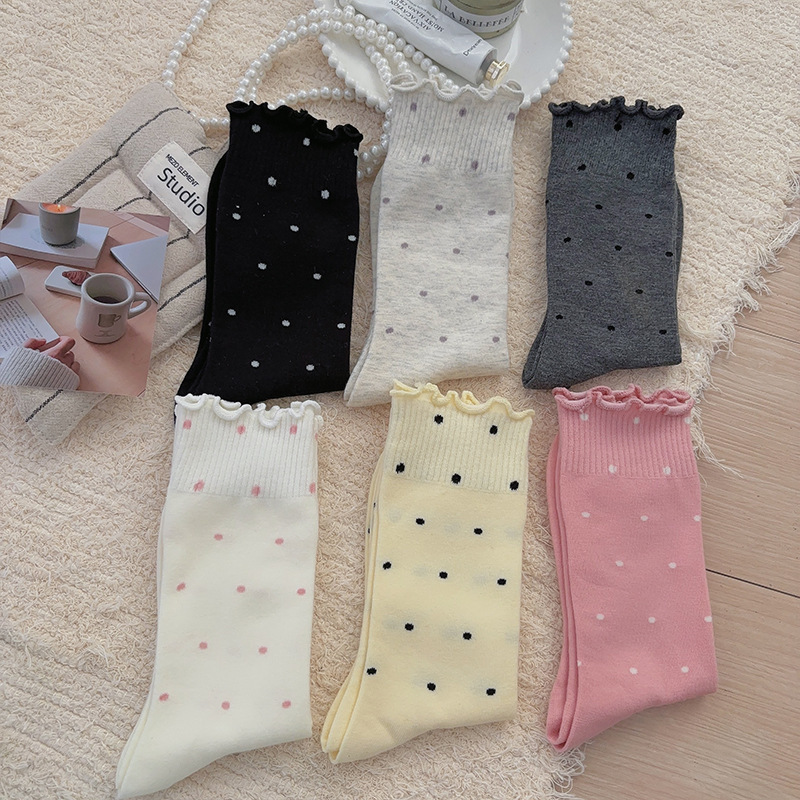 AliExpress 5/10 Pairs Women Wave Edged Polka Dot Mid Tube Socks Spring Summer Thin Sweat Absorbing Breathable Ballet Style Casual Socks, view 6