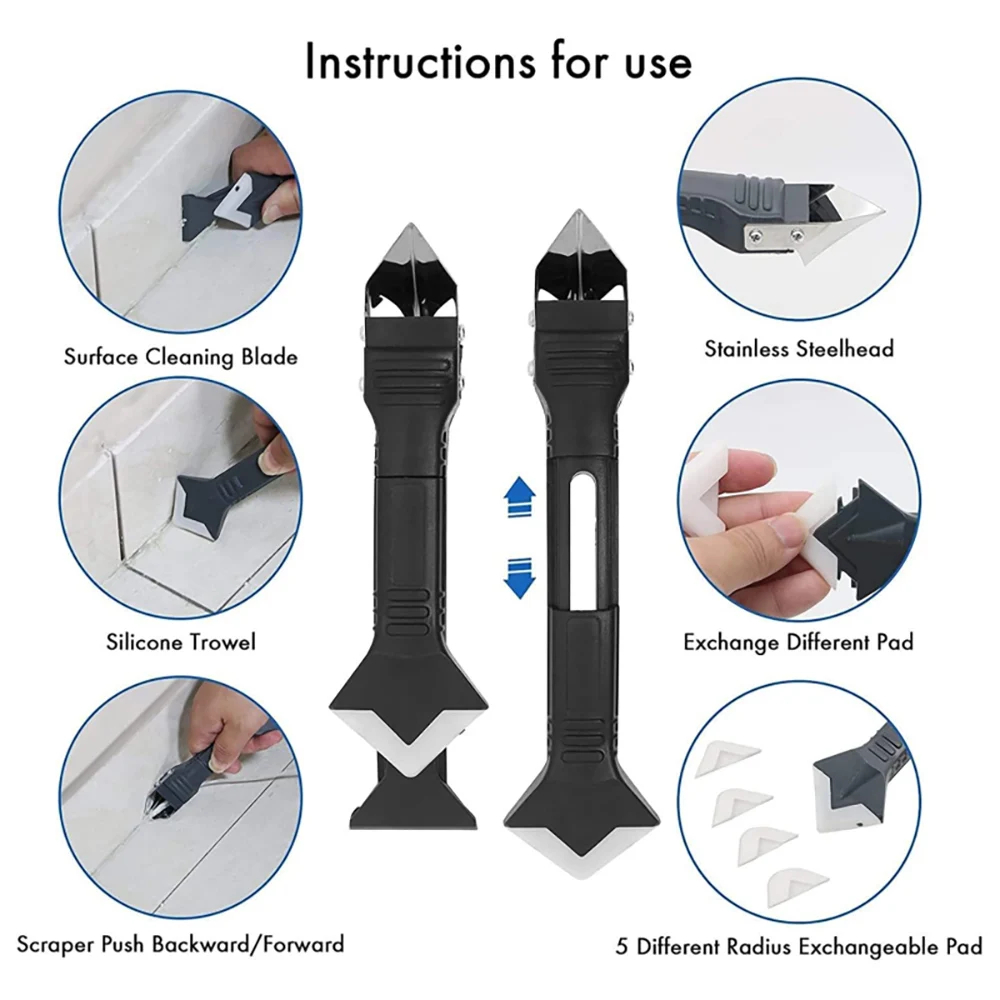 AliExpress 5 in 1 Metal Head Shovel Glue Tool Kit: Silicone Spatula, Caulk Remover, Grout Removal, Sealant Finishing & Corner Scrap, view 4