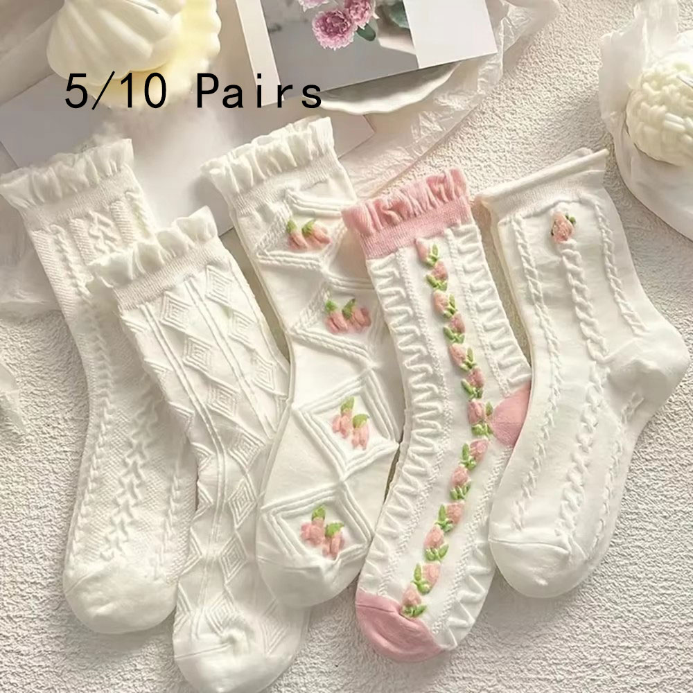 AliExpress 5 Pairs Cute Lace Mid Tube Socks Women's Lolitajk Ruffled Harajuku Style Autumn Winter Soft Versatile Fashionable Girl Socks