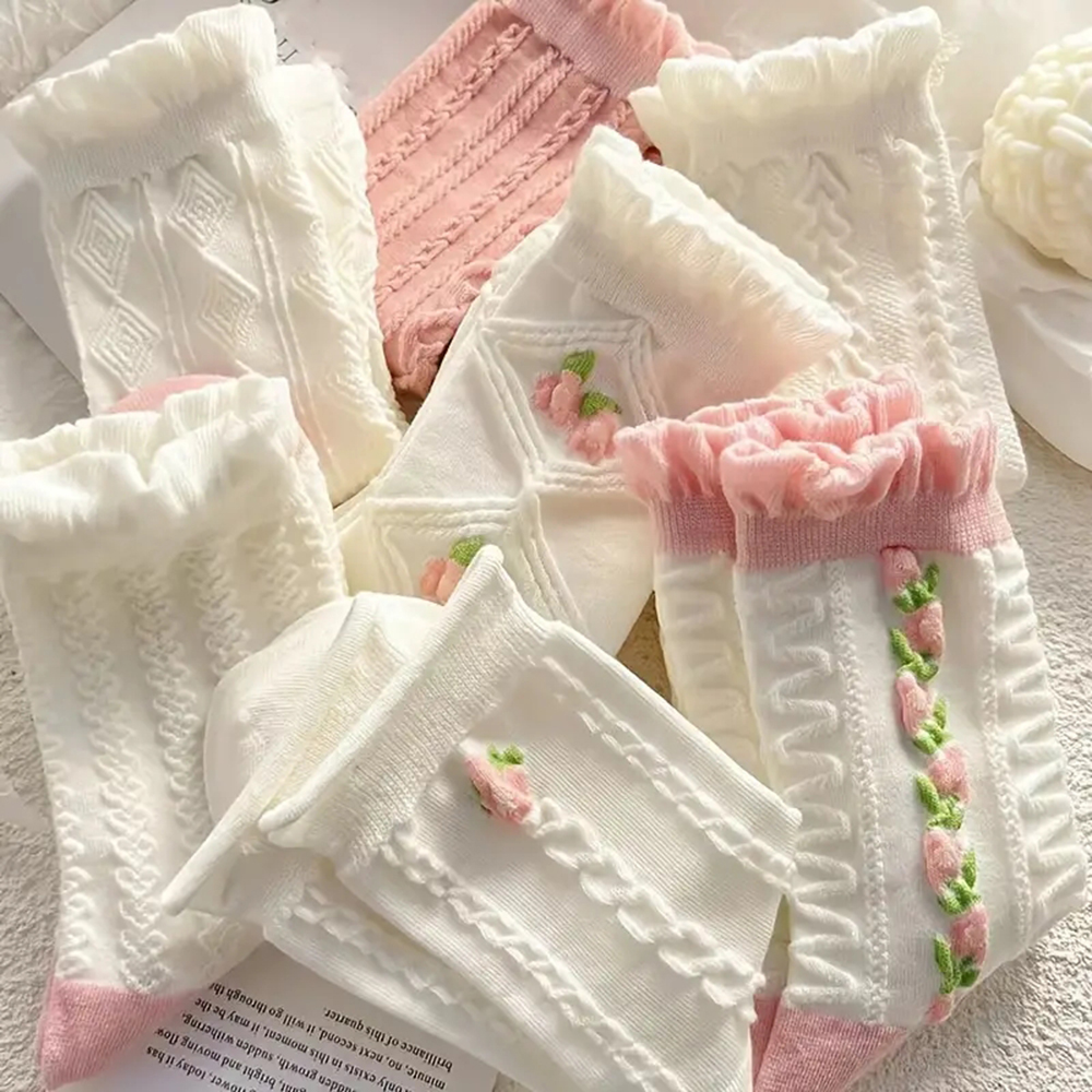 AliExpress 5 Pairs Cute Lace Mid Tube Socks Women's Lolitajk Ruffled Harajuku Style Autumn Winter Soft Versatile Fashionable Girl Socks, view 5