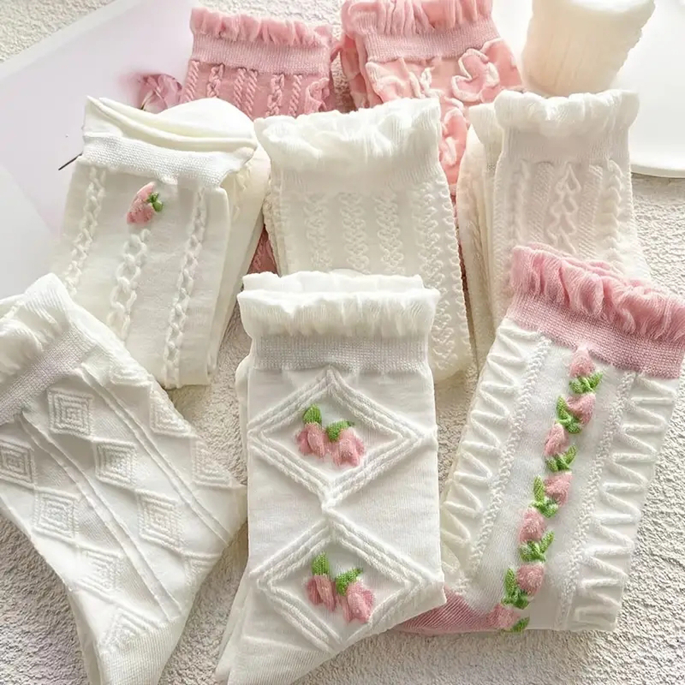 AliExpress 5 Pairs Cute Lace Mid Tube Socks Women's Lolitajk Ruffled Harajuku Style Autumn Winter Soft Versatile Fashionable Girl Socks, view 6