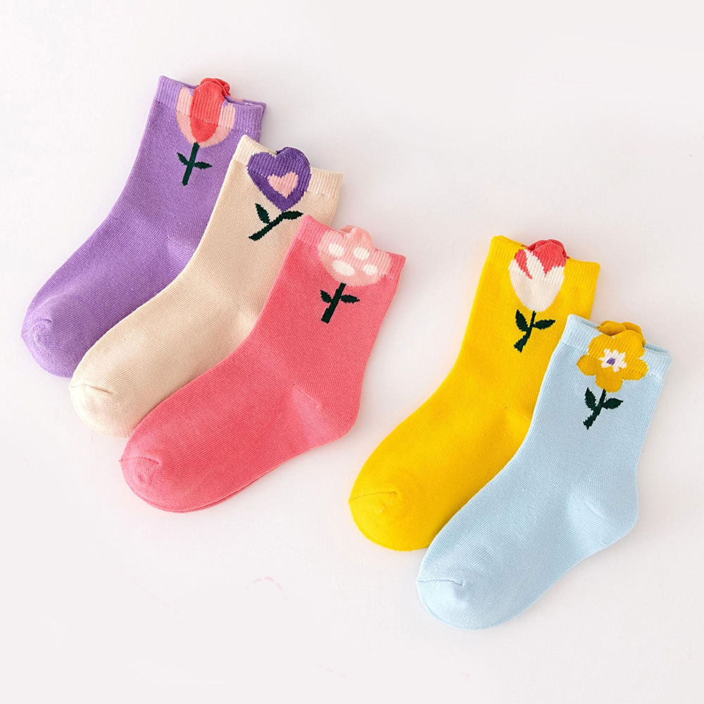 AliExpress 5 Pairs Girls Socks Cute Cartoon Flower Pattern Comfortable Breathable Kids Socks, view 2