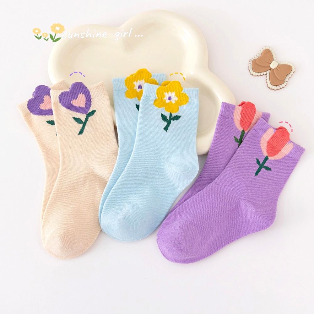 AliExpress 5 Pairs Girls Socks Cute Cartoon Flower Pattern Comfortable Breathable Kids Socks, view 3