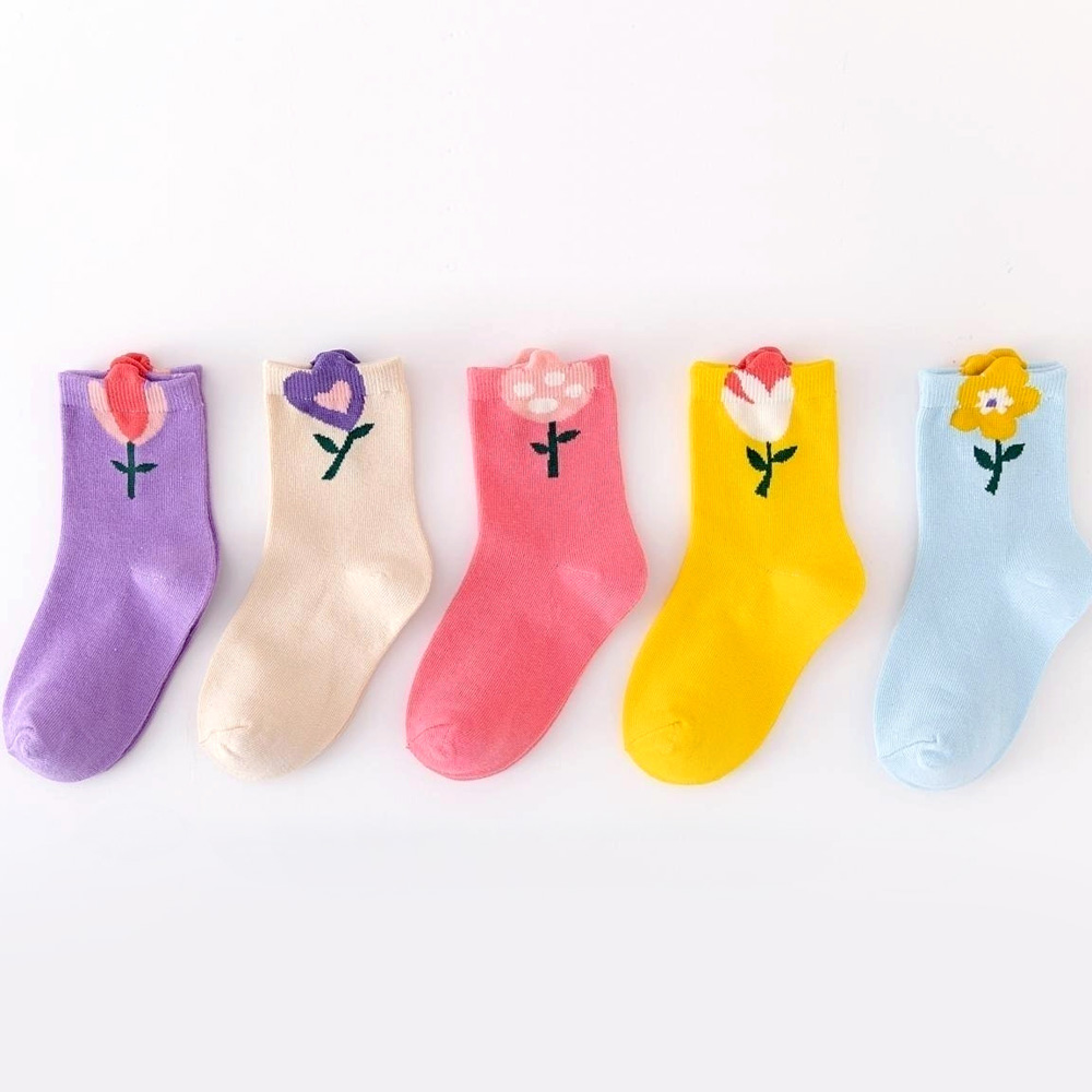 AliExpress 5 Pairs Girls Socks Cute Cartoon Flower Pattern Comfortable Breathable Kids Socks, view 4