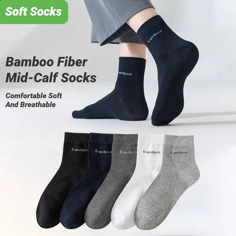 AliExpress 5 Pairs Man Black Long Bamboo Socks Sweat Absorbing Deodorizing Men's Business Casual Dress Gift Sox, view 3