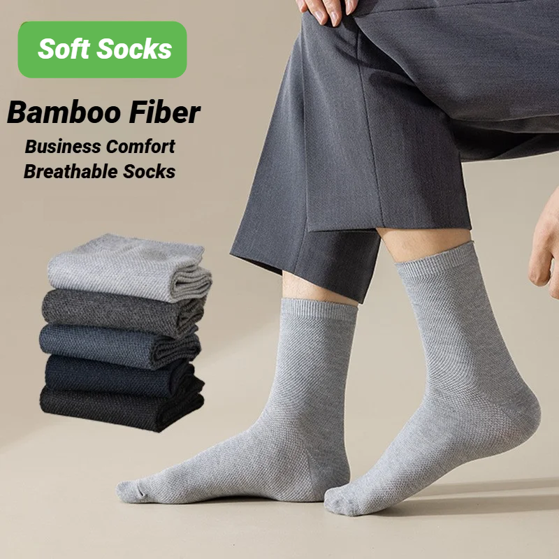 AliExpress 5 Pairs Man Black Long Bamboo Socks Sweat Absorbing Deodorizing Men's Business Casual Dress Gift Sox, view 4