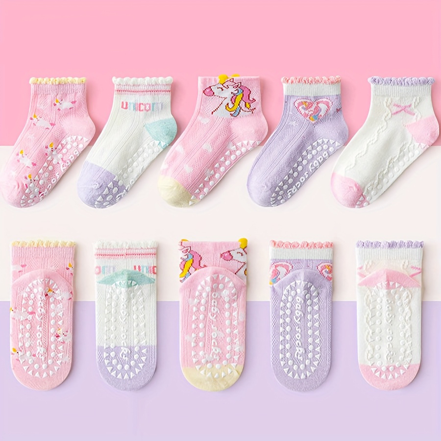 AliExpress 5 Pairs of Kidsren's Floor Socks with Lace Glue, Heart Unicorn Pattern, Boys and Girls, Baby Toddler Soft-Soled Shoes, Indoor Non-Slip Rainbow Pony Mid-Calf Socks, Suitable for Casual Daily Life