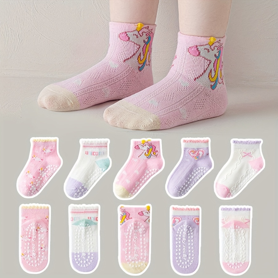 AliExpress 5 Pairs of Kidsren's Floor Socks with Lace Glue, Heart Unicorn Pattern, Boys and Girls, Baby Toddler Soft-Soled Shoes, Indoor Non-Slip Rainbow Pony Mid-Calf Socks, Suitable for Casual Daily Life, view 2