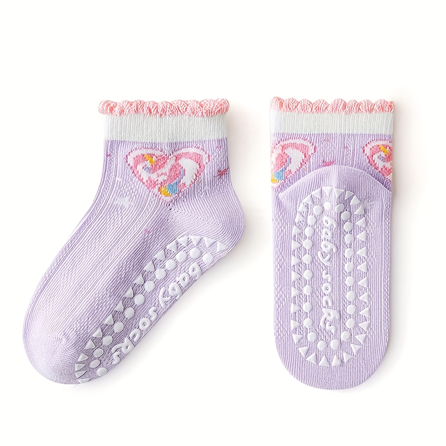 AliExpress 5 Pairs of Kidsren's Floor Socks with Lace Glue, Heart Unicorn Pattern, Boys and Girls, Baby Toddler Soft-Soled Shoes, Indoor Non-Slip Rainbow Pony Mid-Calf Socks, Suitable for Casual Daily Life, view 4