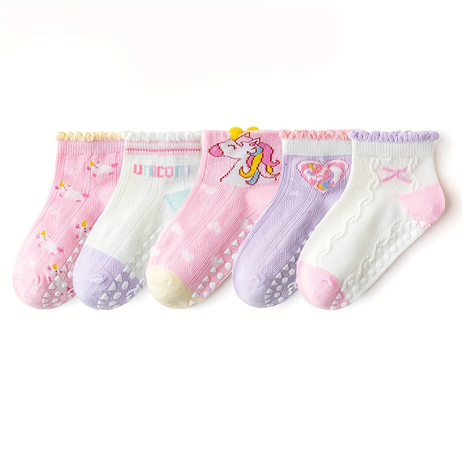 AliExpress 5 Pairs of Kidsren's Floor Socks with Lace Glue, Heart Unicorn Pattern, Boys and Girls, Baby Toddler Soft-Soled Shoes, Indoor Non-Slip Rainbow Pony Mid-Calf Socks, Suitable for Casual Daily Life, view 5
