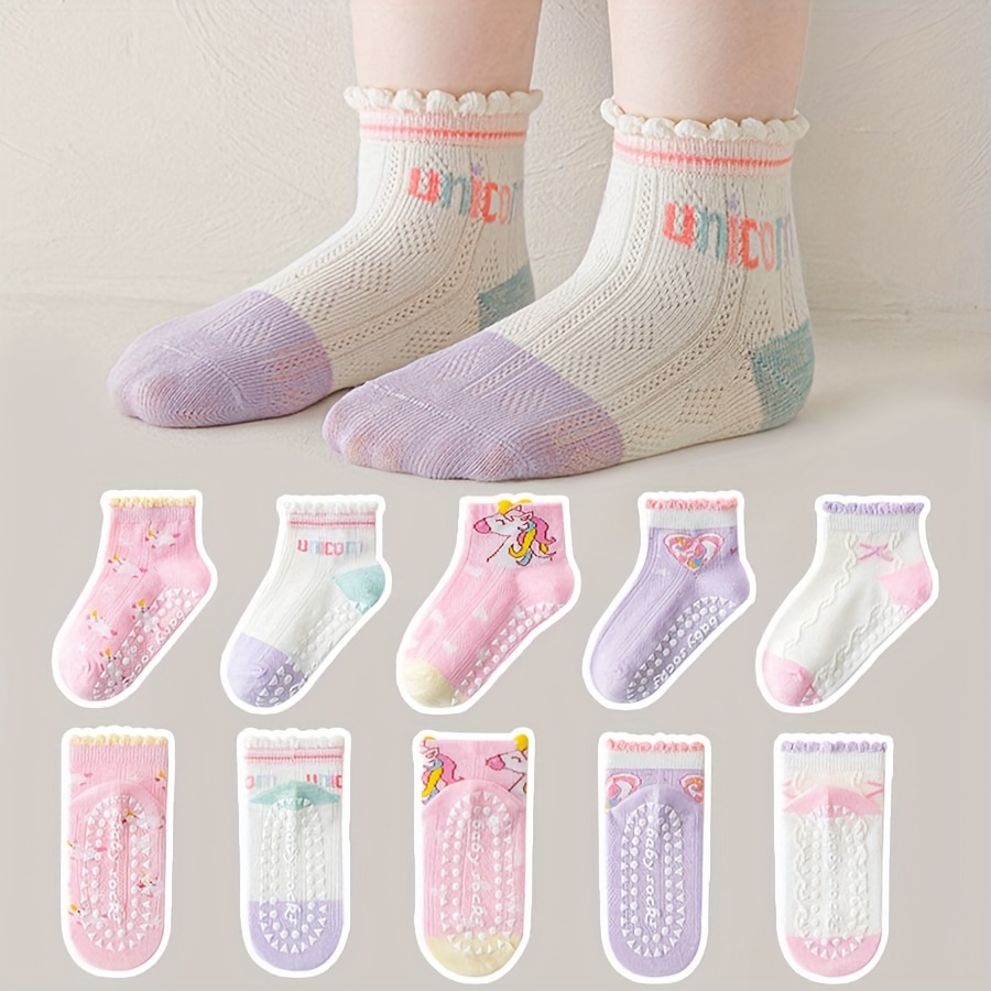 AliExpress 5 Pairs of Kidsren's Floor Socks with Lace Glue, Heart Unicorn Pattern, Boys and Girls, Baby Toddler Soft-Soled Shoes, Indoor Non-Slip Rainbow Pony Mid-Calf Socks, Suitable for Casual Daily Life, view 6