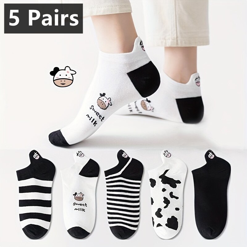 AliExpress 5 Pairs Womens Socks Lovely Cow Pattern Short Socks Creative Printing Socks Ankle Sock