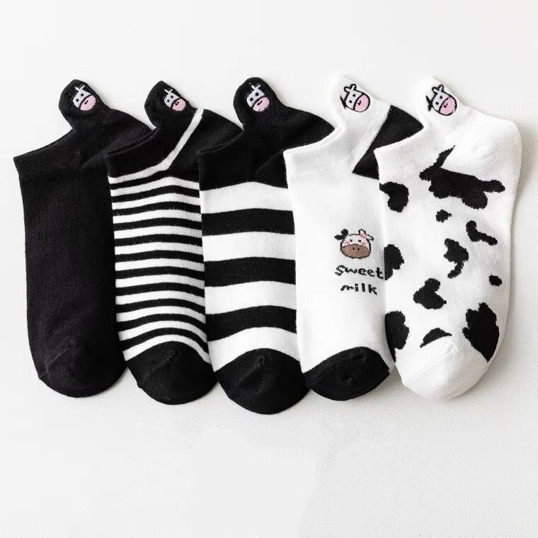 AliExpress 5 Pairs Womens Socks Lovely Cow Pattern Short Socks Creative Printing Socks Ankle Sock, view 2