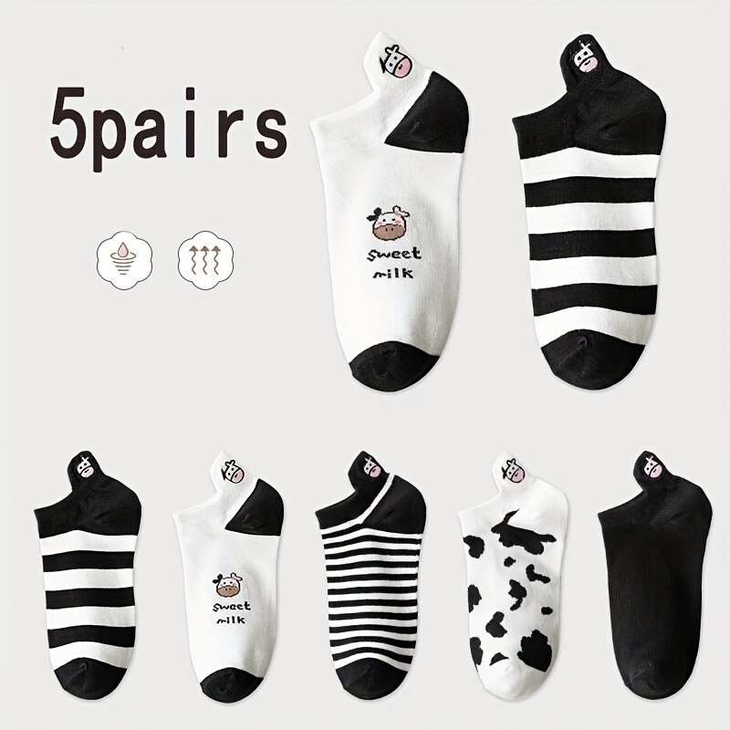 AliExpress 5 Pairs Womens Socks Lovely Cow Pattern Short Socks Creative Printing Socks Ankle Sock, view 6