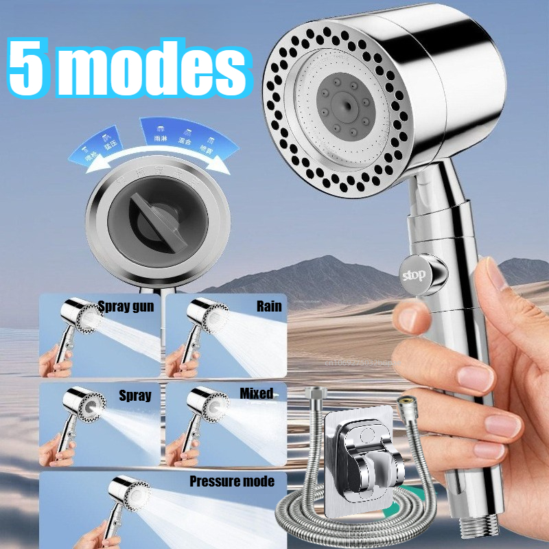 AliExpress 5 Spray ABS Portable Shower Head High Pressure Large Flow Spa Filtered Shower Heads with Stop Button Universal Bathroom Nozzle