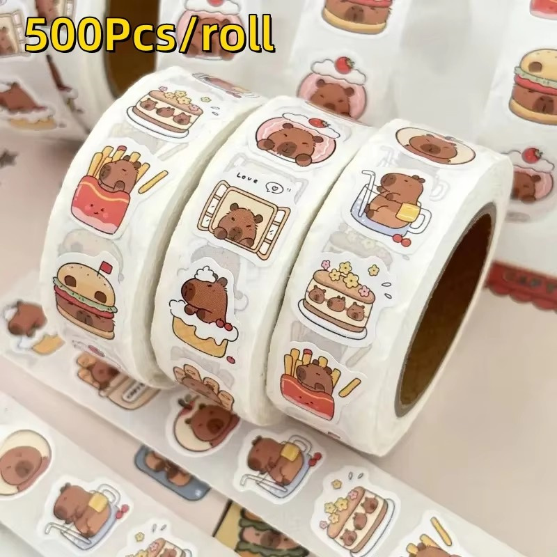 AliExpress 500Pcs Capybara Stickers Roll Waterproof PVC Self-Adhesive Decals Cute Animal & Food-Themed Perfect for Laptops Scrapbook Phones