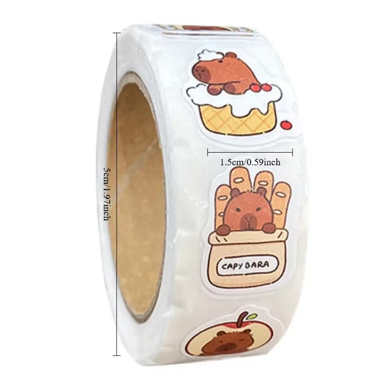 AliExpress 500Pcs Capybara Stickers Roll Waterproof PVC Self-Adhesive Decals Cute Animal & Food-Themed Perfect for Laptops Scrapbook Phones, view 2