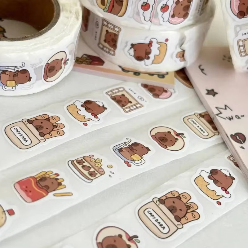 AliExpress 500Pcs Capybara Stickers Roll Waterproof PVC Self-Adhesive Decals Cute Animal & Food-Themed Perfect for Laptops Scrapbook Phones, view 3