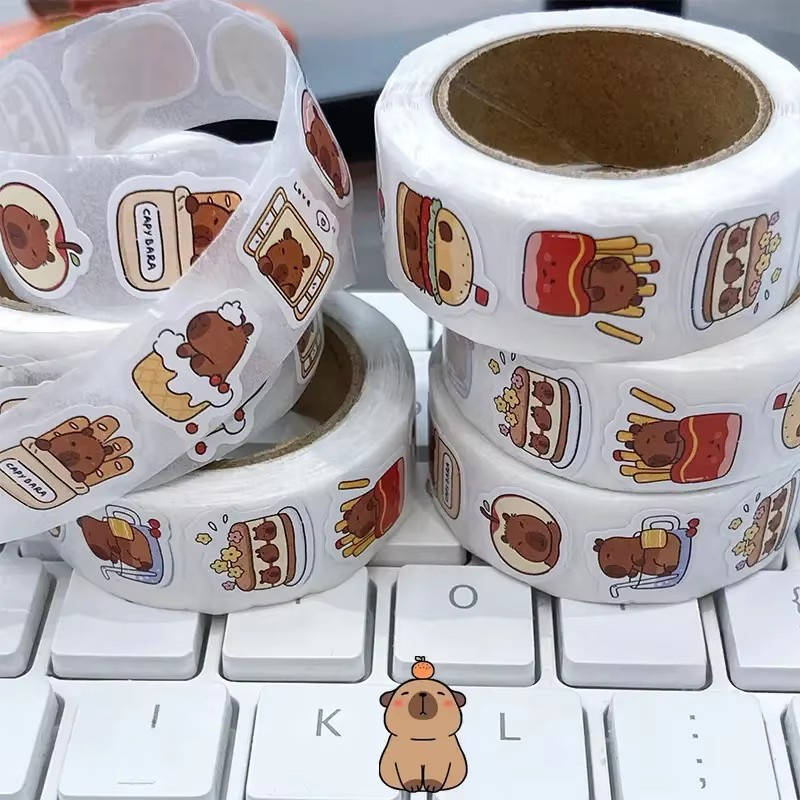 AliExpress 500Pcs Capybara Stickers Roll Waterproof PVC Self-Adhesive Decals Cute Animal & Food-Themed Perfect for Laptops Scrapbook Phones, view 4