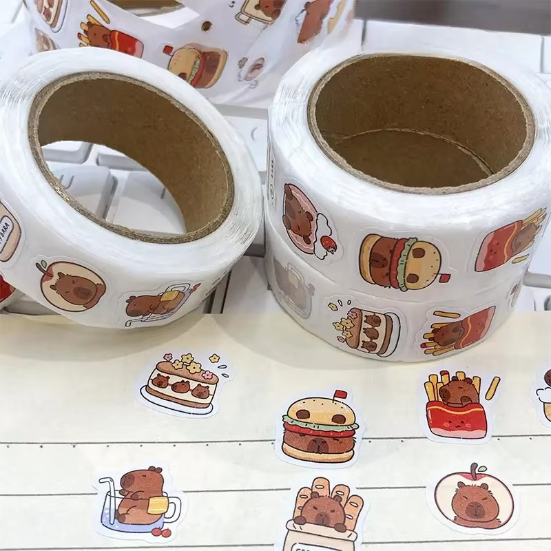 AliExpress 500Pcs Capybara Stickers Roll Waterproof PVC Self-Adhesive Decals Cute Animal & Food-Themed Perfect for Laptops Scrapbook Phones, view 5