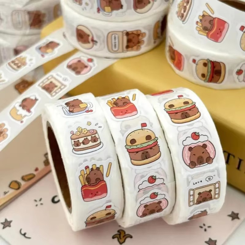 AliExpress 500Pcs Capybara Stickers Roll Waterproof PVC Self-Adhesive Decals Cute Animal & Food-Themed Perfect for Laptops Scrapbook Phones, view 6