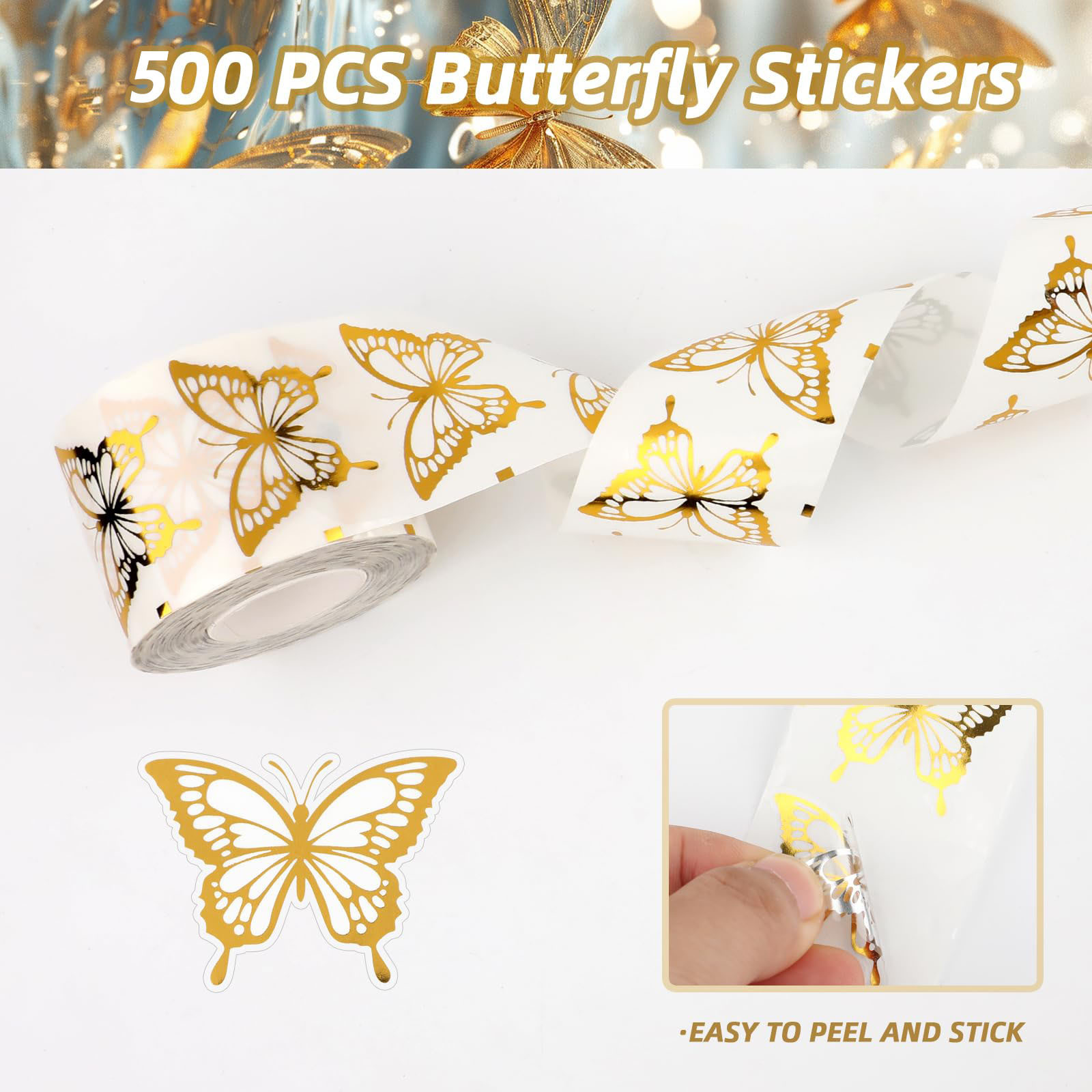AliExpress 500Pcs Gold Butterfly Stickers,Gold Foil Envelope Seals Stickers,Spring Butterfly Labels Stickers for Wedding Invitation,1 inch, view 3