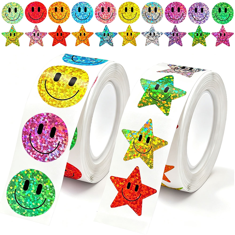 AliExpress 500pcs/Roll Smile Face Star Stickers Laser Colorful Happy Face Sticker Classroom Birthday Teacher Reward School Supplies Sticker