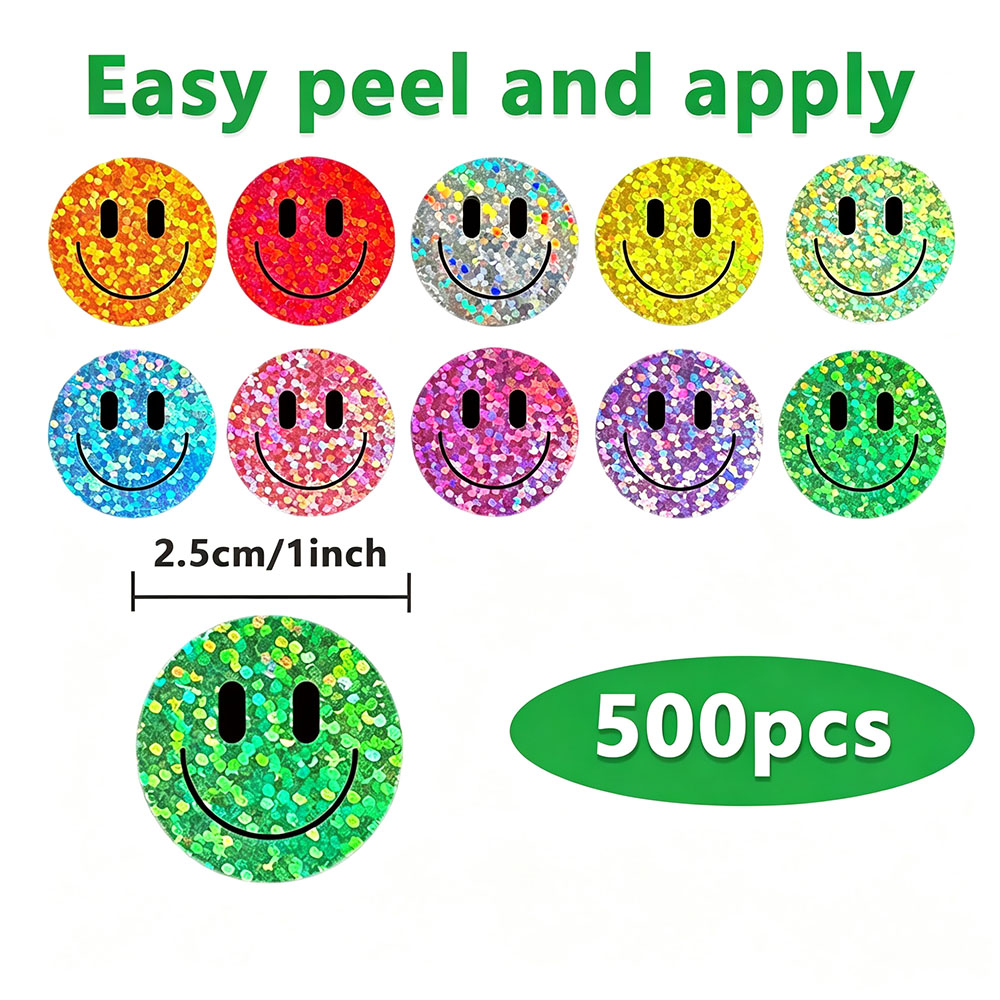 AliExpress 500pcs/Roll Smile Face Star Stickers Laser Colorful Happy Face Sticker Classroom Birthday Teacher Reward School Supplies Sticker, view 2