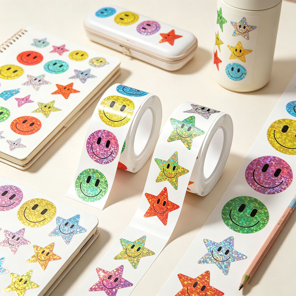 AliExpress 500pcs/Roll Smile Face Star Stickers Laser Colorful Happy Face Sticker Classroom Birthday Teacher Reward School Supplies Sticker, view 3