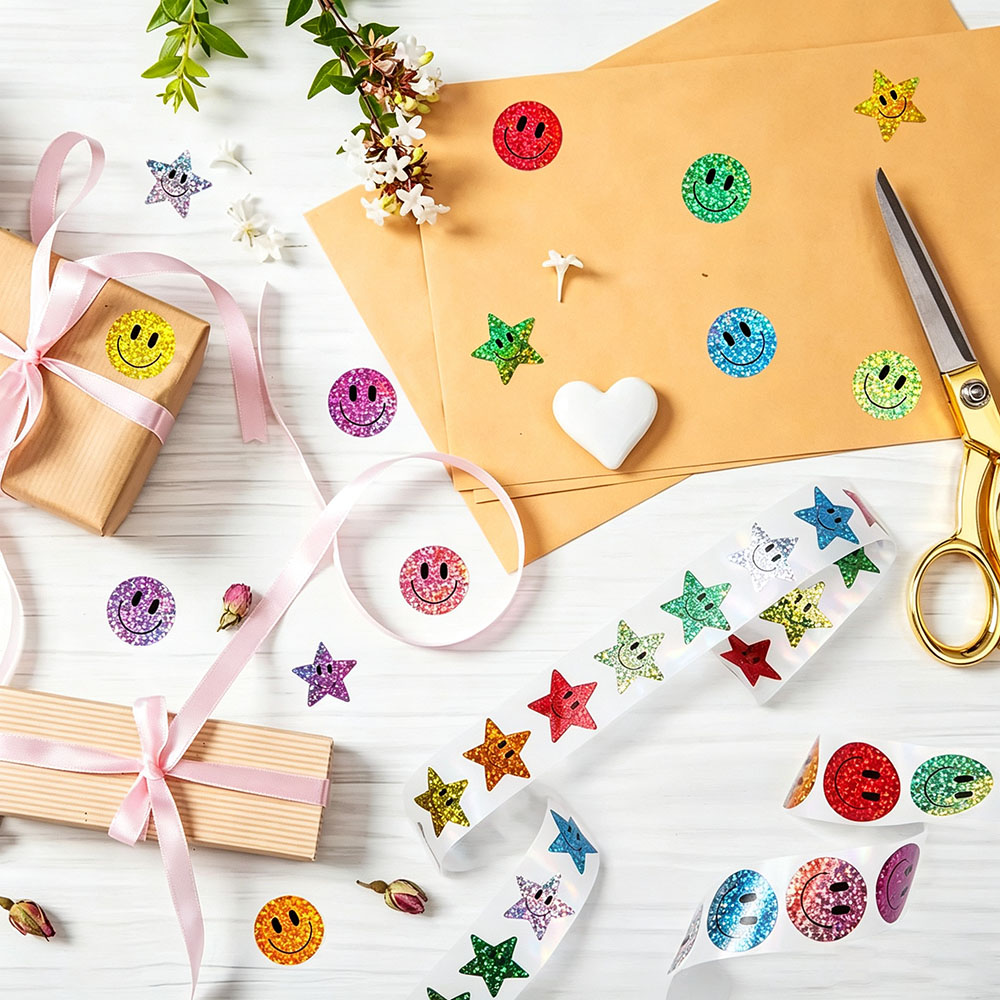 AliExpress 500pcs/Roll Smile Face Star Stickers Laser Colorful Happy Face Sticker Classroom Birthday Teacher Reward School Supplies Sticker, view 5