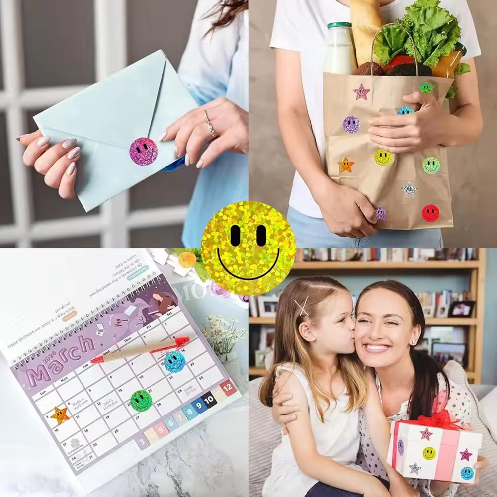 AliExpress 500pcs/Roll Smile Face Star Stickers Laser Colorful Happy Face Sticker Classroom Birthday Teacher Reward School Supplies Sticker, view 6