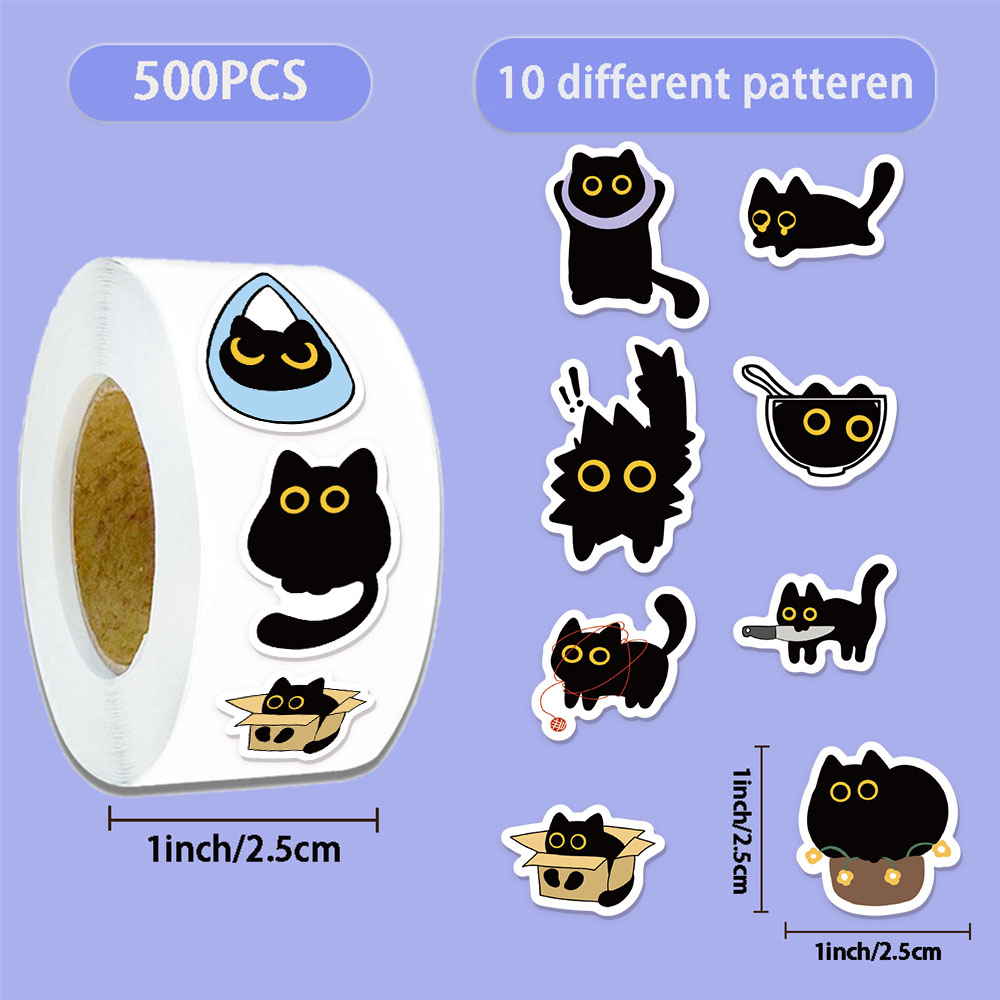 AliExpress 500PCS Ten Different Patterns Black Cat Roll Stickers Small Pattern Decoration DIY Luggage Skateboard Water Cup Stickers, view 3