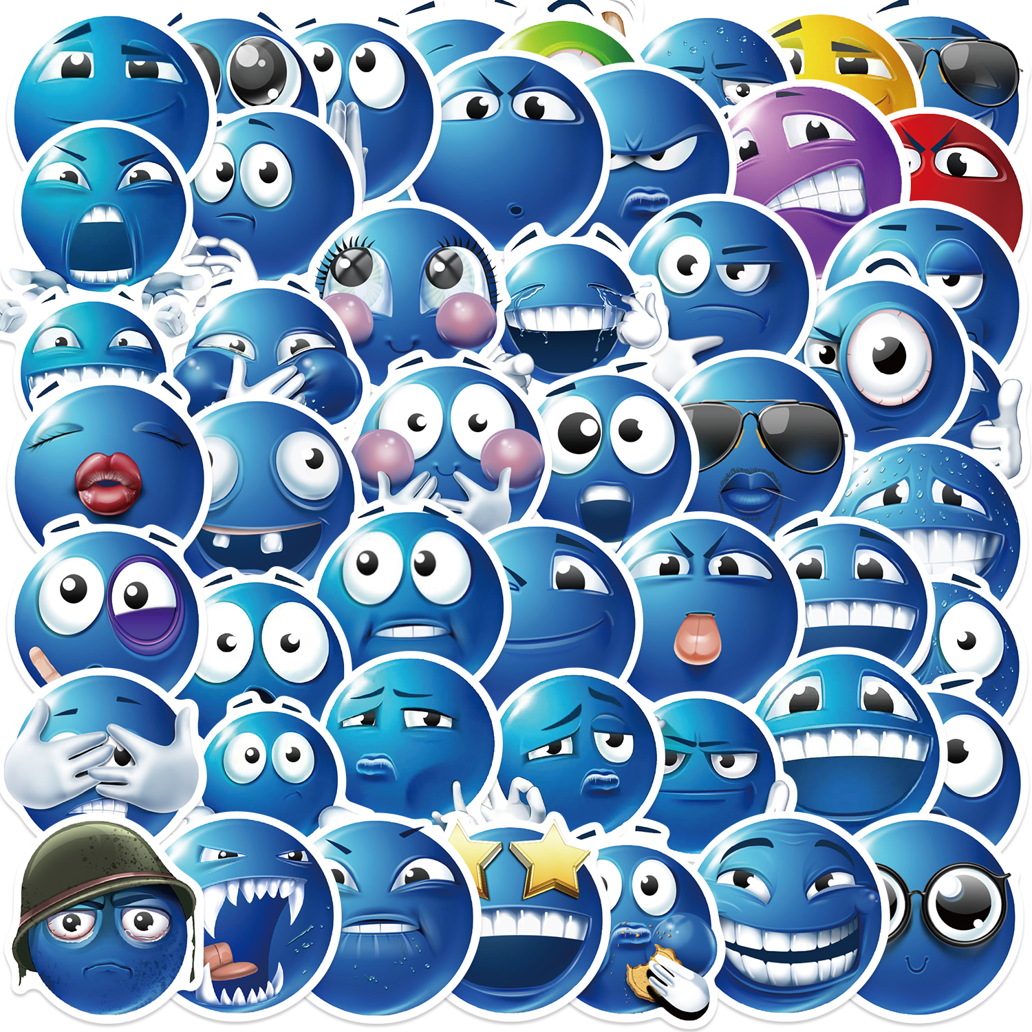 AliExpress 50pcs Blue Bean Expression Stickers Funny Smile Face Expression Stickers for Phone Skateboard Waterproof DIY Sticker