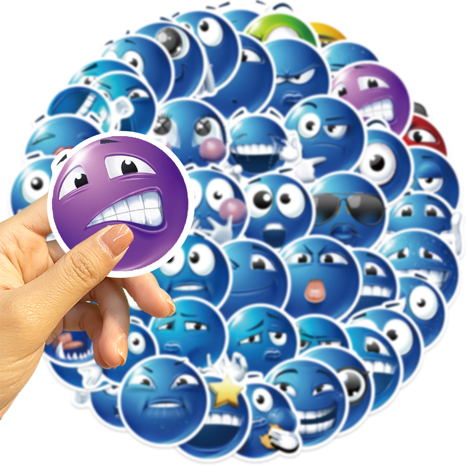 AliExpress 50pcs Blue Bean Expression Stickers Funny Smile Face Expression Stickers for Phone Skateboard Waterproof DIY Sticker, view 4