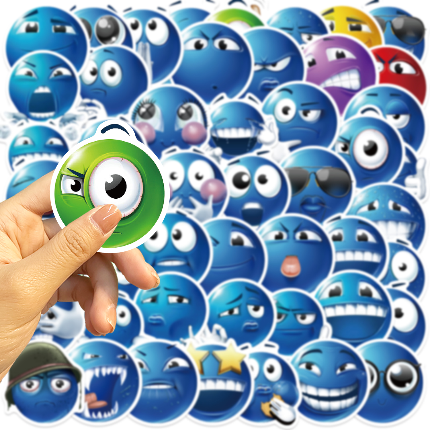 AliExpress 50pcs Blue Bean Expression Stickers Funny Smile Face Expression Stickers for Phone Skateboard Waterproof DIY Sticker, view 5