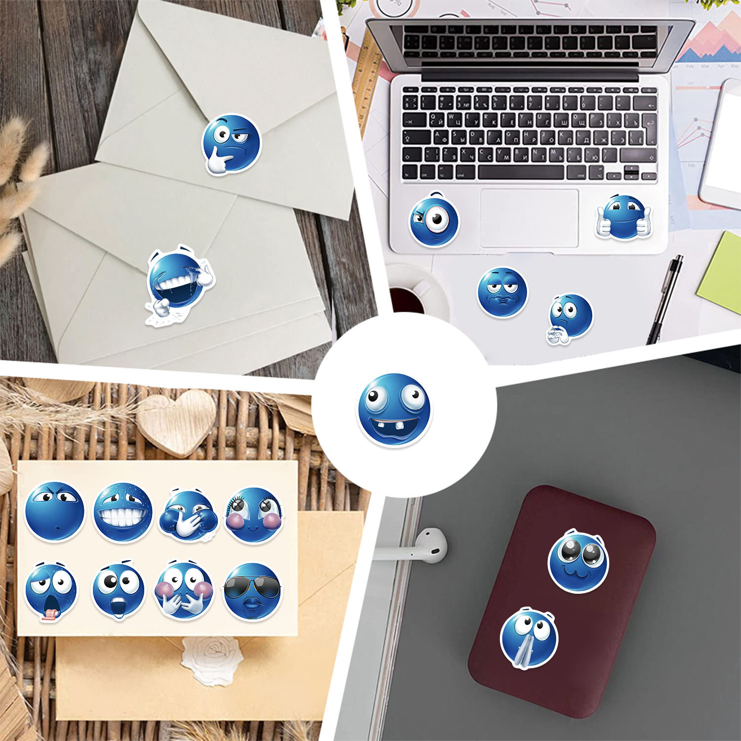 AliExpress 50pcs Blue Bean Expression Stickers Funny Smile Face Expression Stickers for Phone Skateboard Waterproof DIY Sticker, view 6