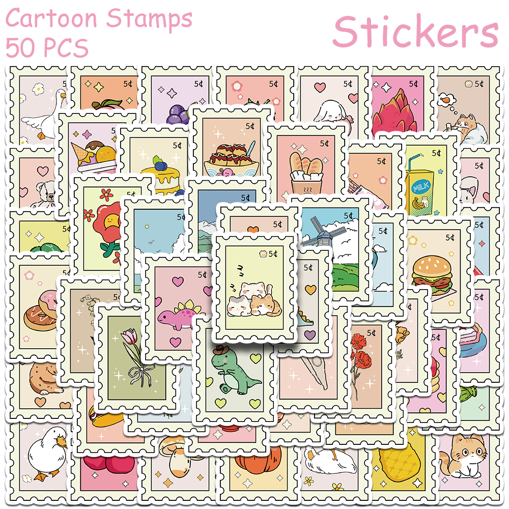 AliExpress 50pcs Cartoon Stamps Stickers Decals For Laptop Letter Scrapbook Luggage DIY Aesthetic Waterproof Stickers Creative Gifts, view 2