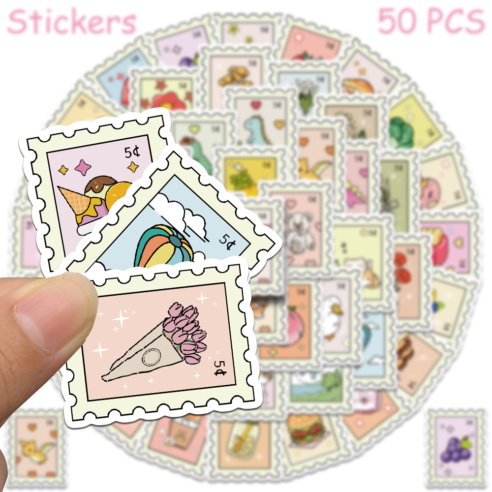 AliExpress 50pcs Cartoon Stamps Stickers Decals For Laptop Letter Scrapbook Luggage DIY Aesthetic Waterproof Stickers Creative Gifts, view 3