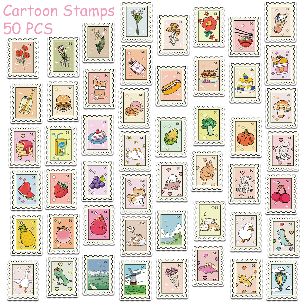AliExpress 50pcs Cartoon Stamps Stickers Decals For Laptop Letter Scrapbook Luggage DIY Aesthetic Waterproof Stickers Creative Gifts, view 5