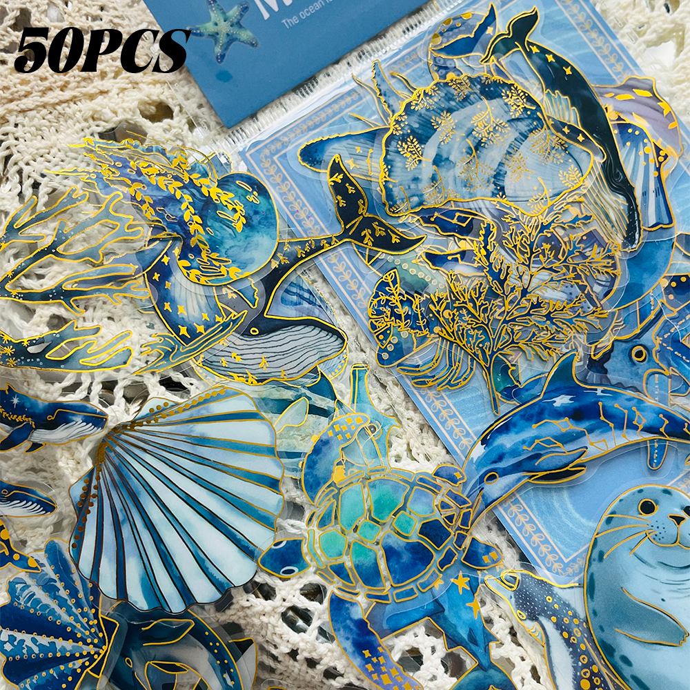 AliExpress 50pcs Marine Creature Stickers with Gold Foil Accents Notebook Scrapbook Journal Decorations Water Bottle Guitar DIY Decals, view 5