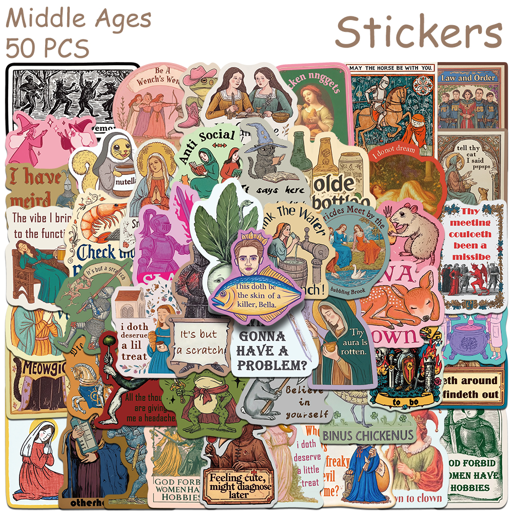 AliExpress 50pcs Retro Middle Ages Stickers Decals For Phone Laptop Scrapbook Skateboard Guitar DIY Aesthetic Waterproof Stickers Gifts, view 2