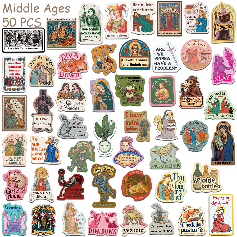 AliExpress 50pcs Retro Middle Ages Stickers Decals For Phone Laptop Scrapbook Skateboard Guitar DIY Aesthetic Waterproof Stickers Gifts, view 5