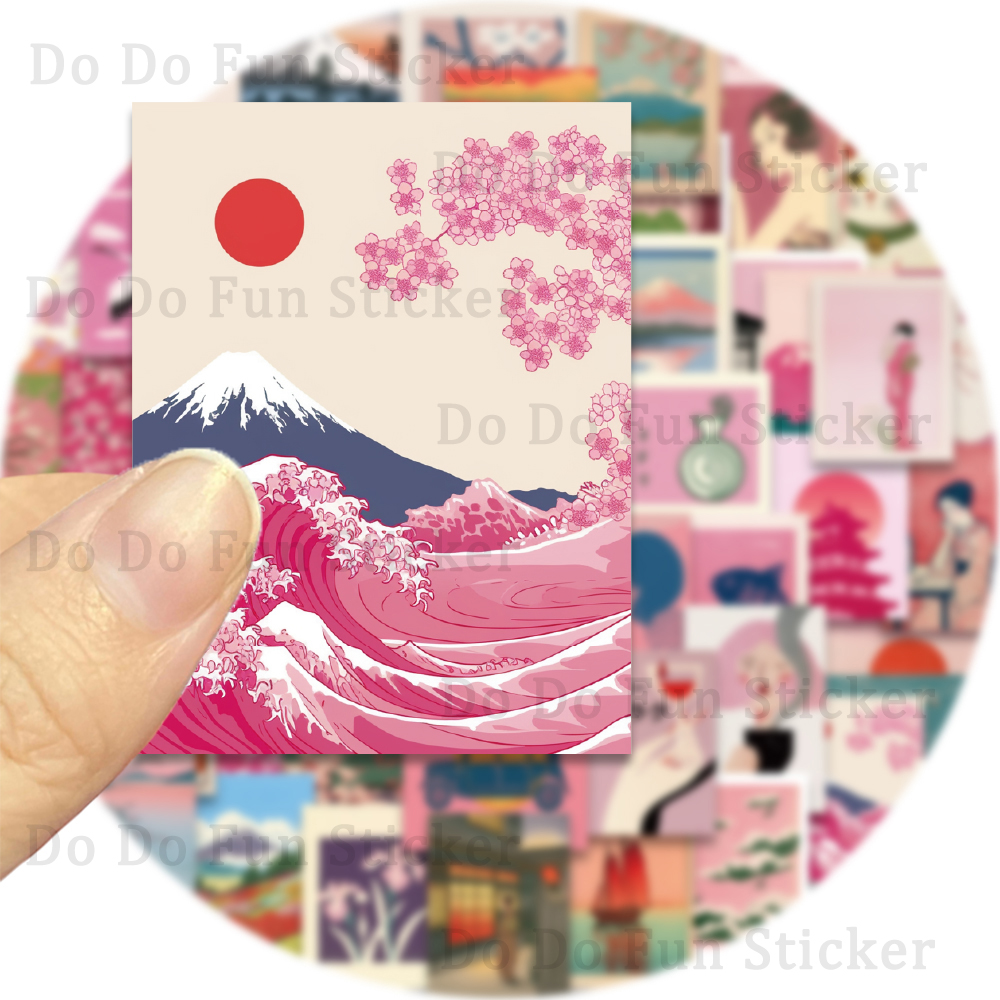 AliExpress 50PCS Retro Pink Japanese Aesthetic Art Stickers Red Sun Cherry Blossoms Waves Fuji Mountain Creative Beautiful Waterproof Decor