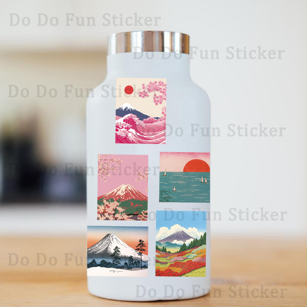 AliExpress 50PCS Retro Pink Japanese Aesthetic Art Stickers Red Sun Cherry Blossoms Waves Fuji Mountain Creative Beautiful Waterproof Decor, view 3