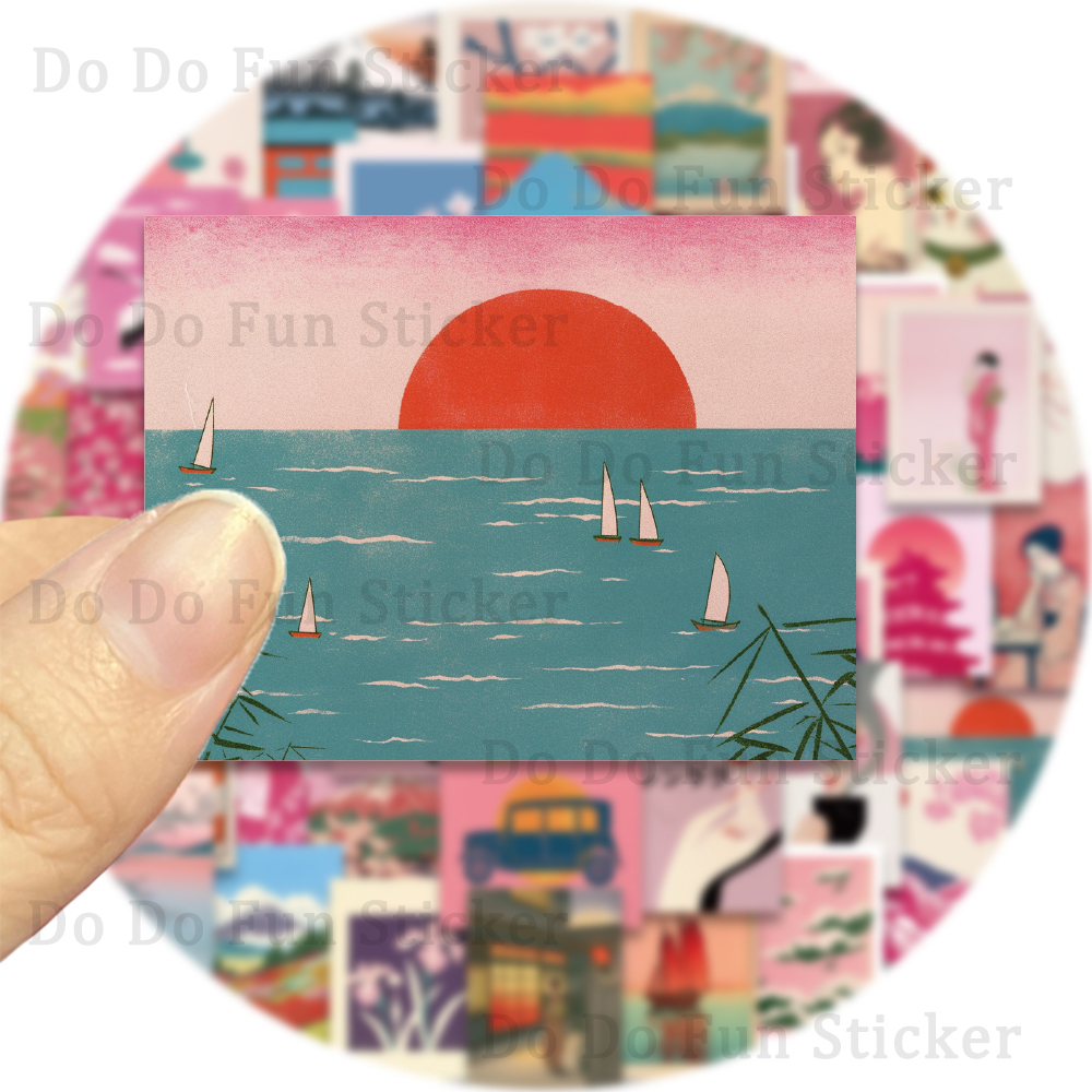 AliExpress 50PCS Retro Pink Japanese Aesthetic Art Stickers Red Sun Cherry Blossoms Waves Fuji Mountain Creative Beautiful Waterproof Decor, view 4