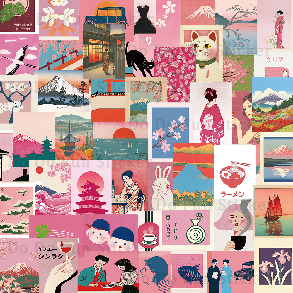 AliExpress 50PCS Retro Pink Japanese Aesthetic Art Stickers Red Sun Cherry Blossoms Waves Fuji Mountain Creative Beautiful Waterproof Decor, view 5